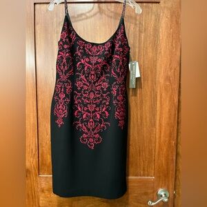 Maggy London Petites black & red embroidered dress with beaded spaghetti straps